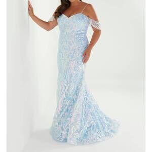 NEW HOUSE OF WU sequin trumpet flare gown in sky